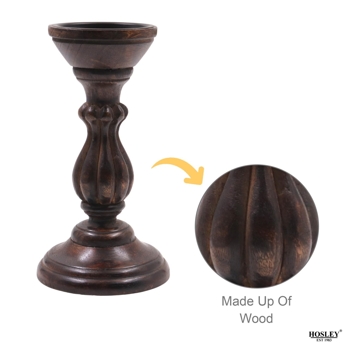 Hosley Set of 3 Dark Brown Wood Pillar Candle Holders 13 Inches 11 Inches and 9 Inches High Ideal for LED and Pillar Candles Gifts for Weddings Party Home Spa Reiki Aromatherapy