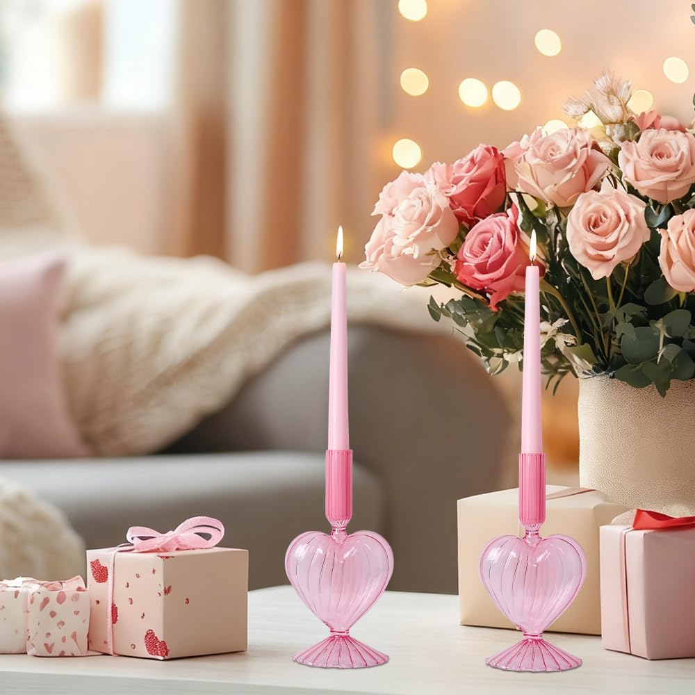NEEDOMO Valentines Day Decorations, Set of 2 Pink Heart Glass Candlestick Holders for Valentines Decor, Taper Candle Holders Table Centerpieces for Romantic Wedding Party Mantel Decor