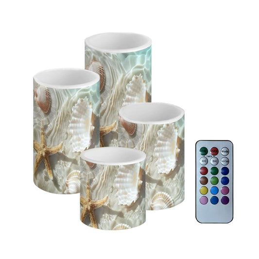 NETILGEN Beach Seashell Flameless LED Electric Candles with Remote Timer Control Color Changing Pillar Candles for Home Indoor Outdoor Decoration Pack of 4