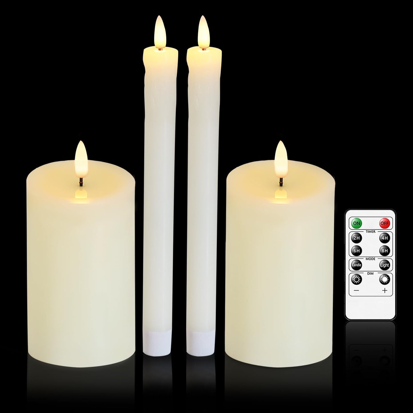 Hinabichan Real Wax LED Flameless Candles with Remote Timer, 4 Pcs Ivory Battery Operated Window Candle with 3D Flickering Flame for Fireplace Xmas Halloween Wedding Decor (9.5" Taper & 5" Pillar)