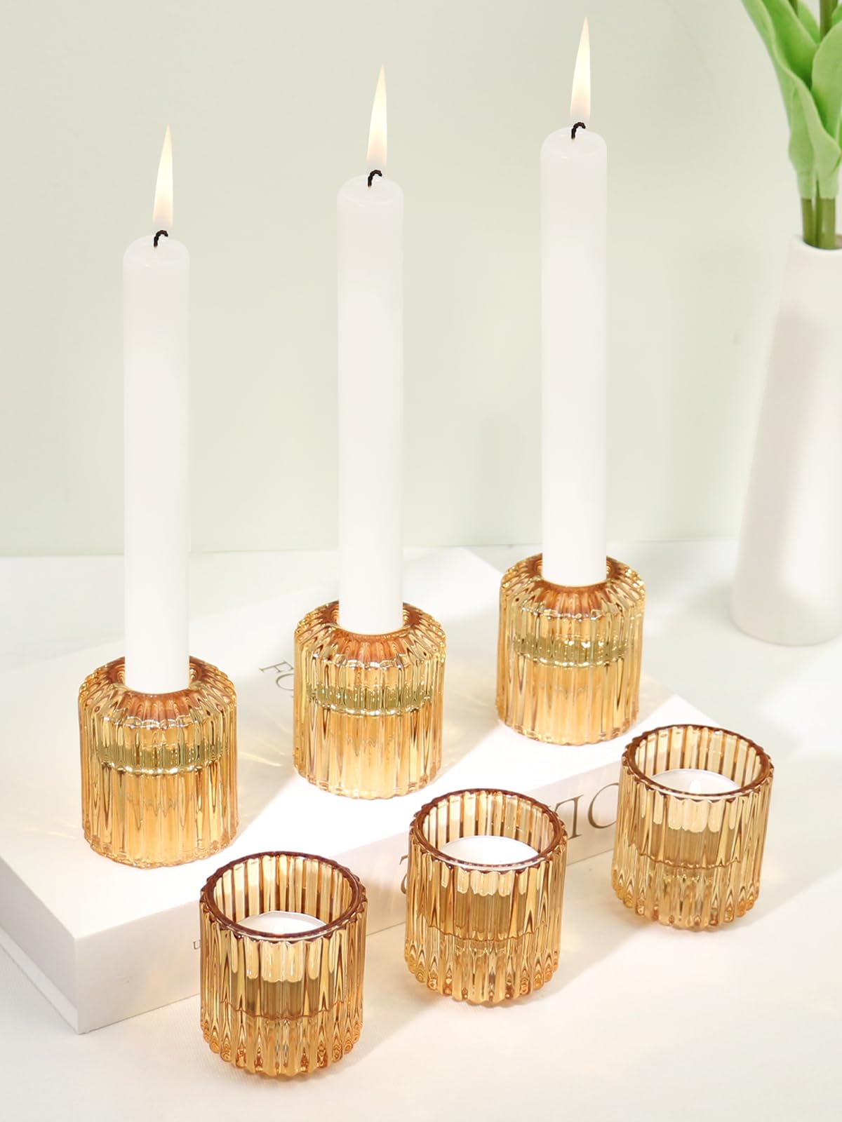 CHOCSTAY Reversible Amber Glass Candle Holder Set of 6, Thick Heat-Resistant Glass Candlestick Holders for Taper, Tealight, Votive, LED Candles, Perfect for Wedding, Party, Home Décor