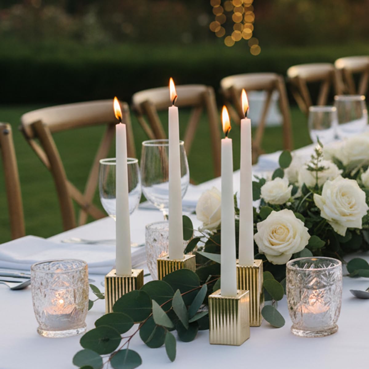 LETINE 12pcs Gold Vertical Stripe Glass Candlestick Holders - Chic Taper Candle Sticks Holder Set for Elegant Dining & Home Decor - Wedding Centerpieces, Parties, and Celebrations