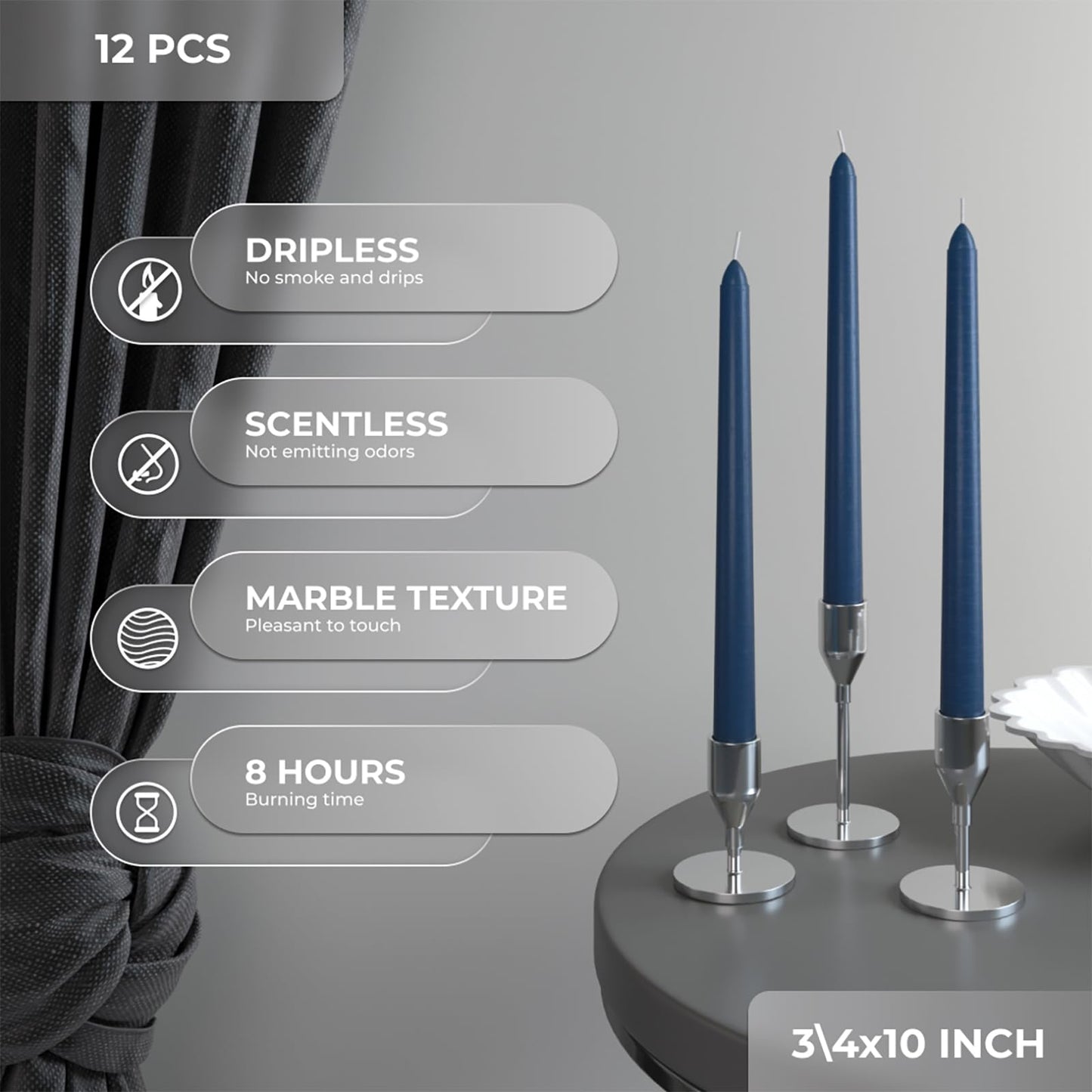 CANDWAX 10 inch Tapered Candles - Set of 12 Dripless Unscented Candlesticks - Perfect for Dinner and Decor Use - Dark Blue