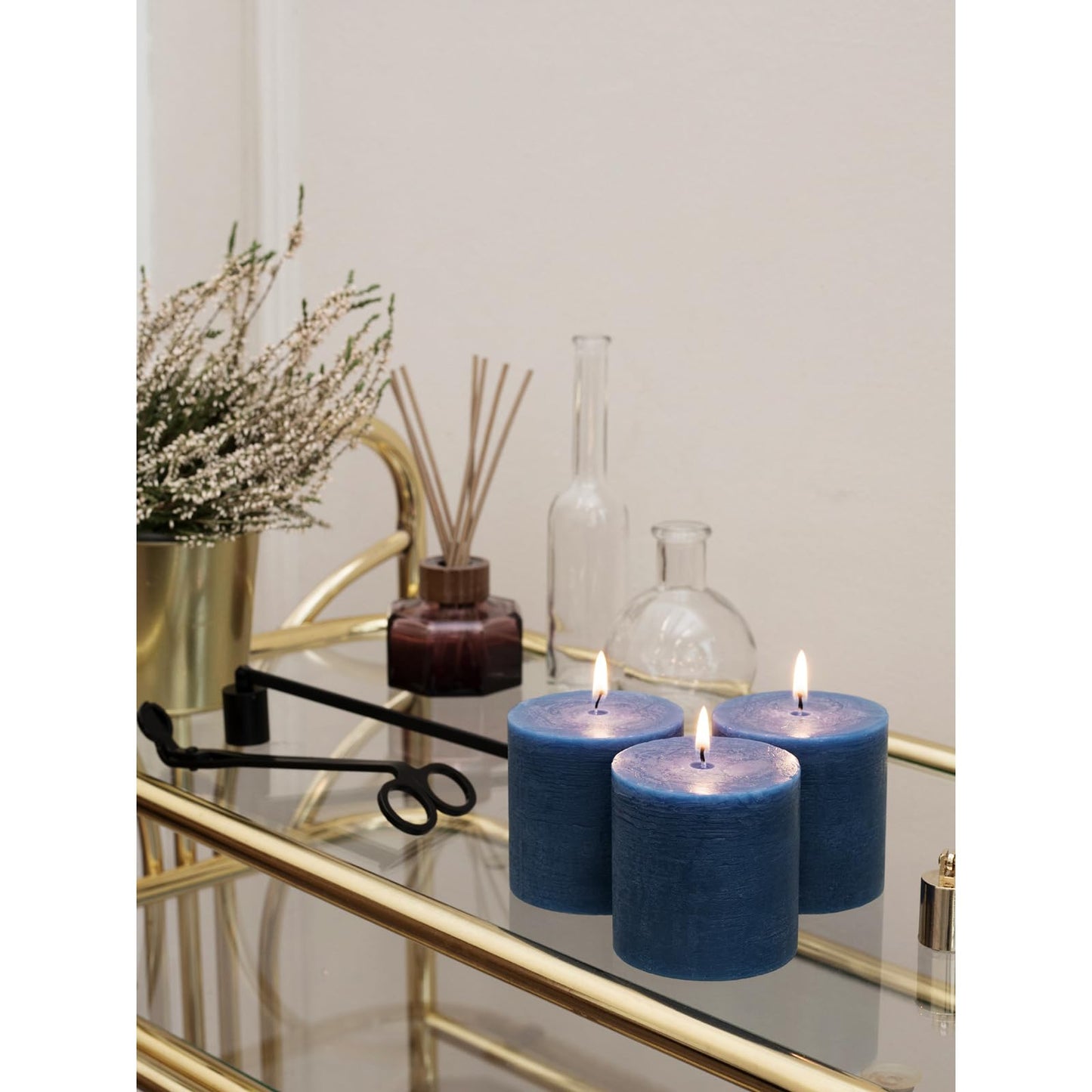 CANDWAX 3x3 Inch Dark Blue and Ivory Pillar Candles Bundle - 3 Dark Blue and 3 Ivory Candles - Unscented Decorative Candle - 6 Pack