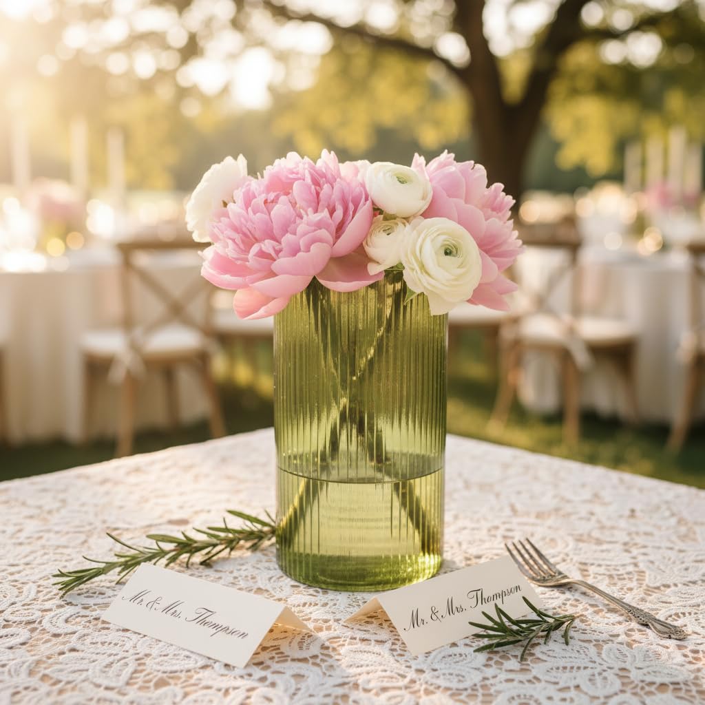 Glass Cylinder Bud vases for Centerpieces, 6 Inches Clear Ribbed Glass Vases Bulk for Wedding Table Decor, Loral Vase Bulk Flower vases, Tall Hurricane Candle Holder for Table Shelf, Party (Green)