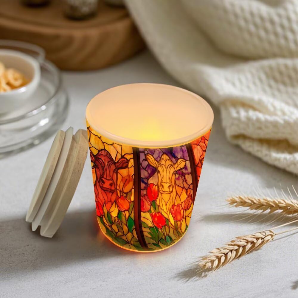 Stained Glass Cows Tea Light Candle Holders,Farmhouse Cattles Tealight Candle Holder Jar with Wooden Lid, Votive Candlesticks for Table Centerpieces, Christmas,Birthday Party,Home Decor