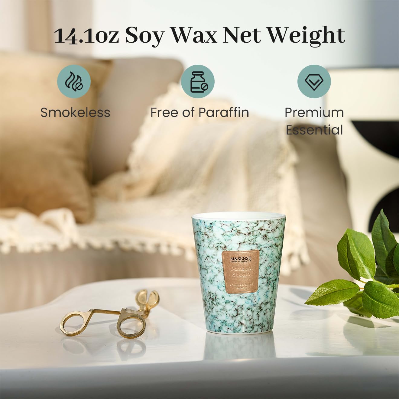 M&SENSE Bamboo StreamScented Soy Candle, 3 Wick Highly Scented 14.1 Oz 75H, Aromatherapy Christmas Gift for Women and Men