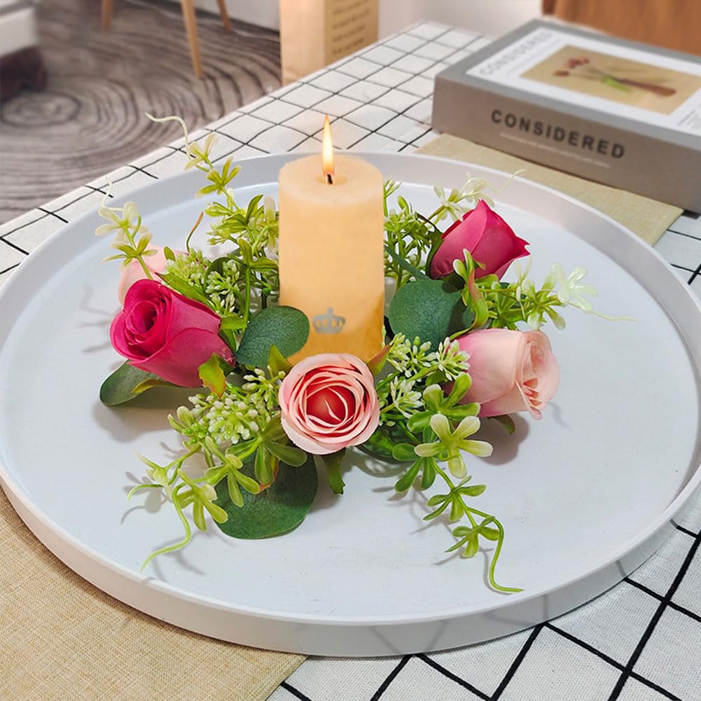 JOYWU 4-Pack Faux Rose Candle Rings, 9 in Artificial Flower Candle Wreaths with Pink Roses & Greenery, Floral Centerpiece Decor for Table, Fireplace Mantel, Wedding, Valentine's Day