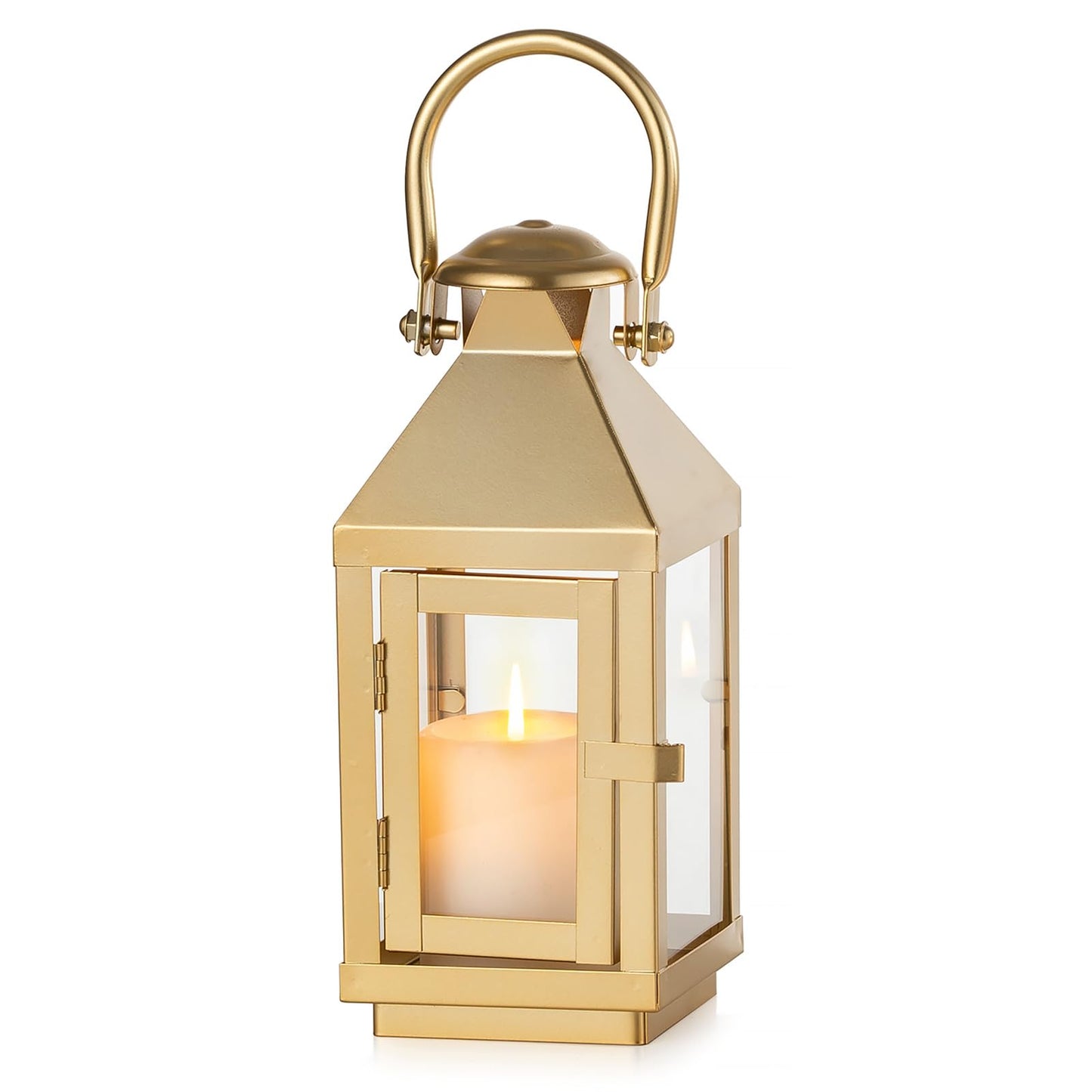 NUPTIO Gold Lanterns Decorative Indoor: 8.6 Inch Tall Metal Lantern with Glass for Pillar Candle - Fireplace Decor for Christmas Home Living Room Mantle Porch Wedding