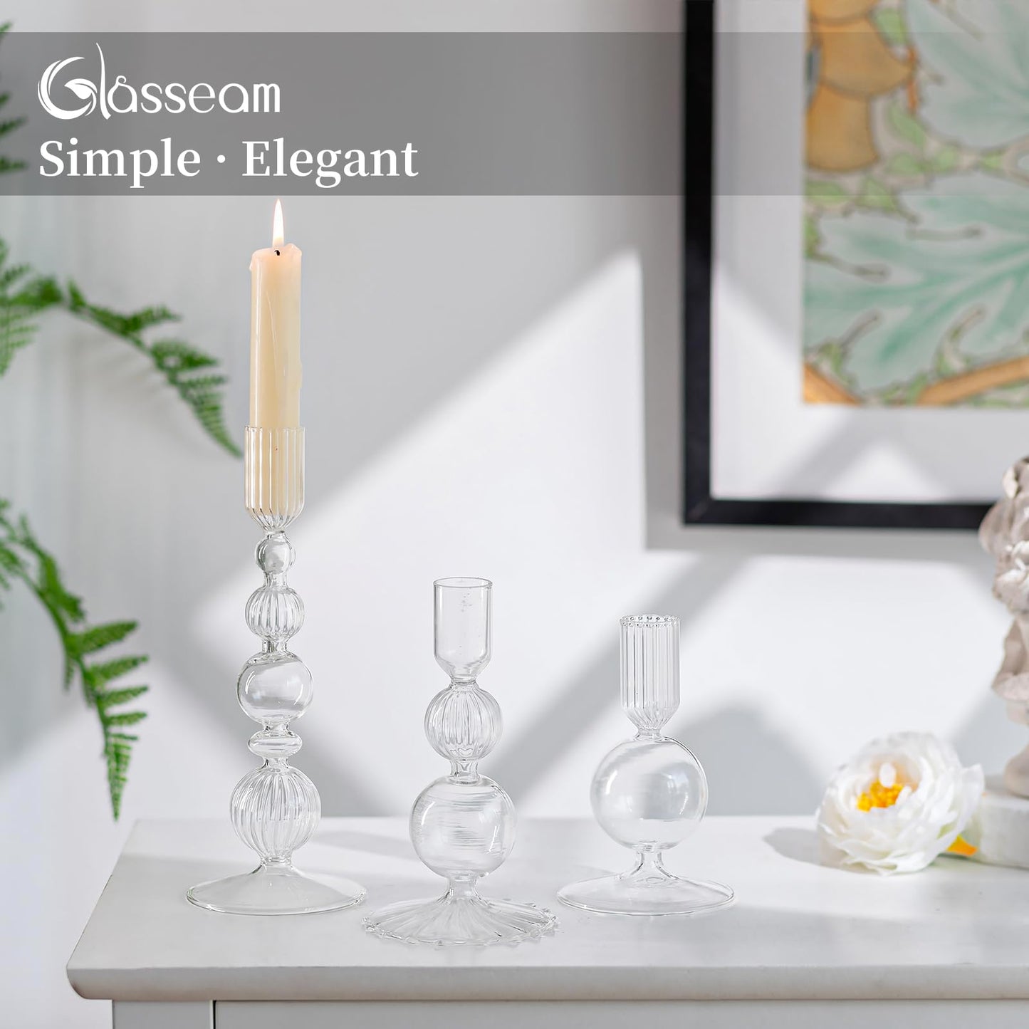 Glasseam Glass Candle Stick Holder: Clear Taper Candle Holders Set of 3 Modern Candlestick Holders for Taper Candles Decorative for Table Centerpiece Wedding Party Christmas Decorations