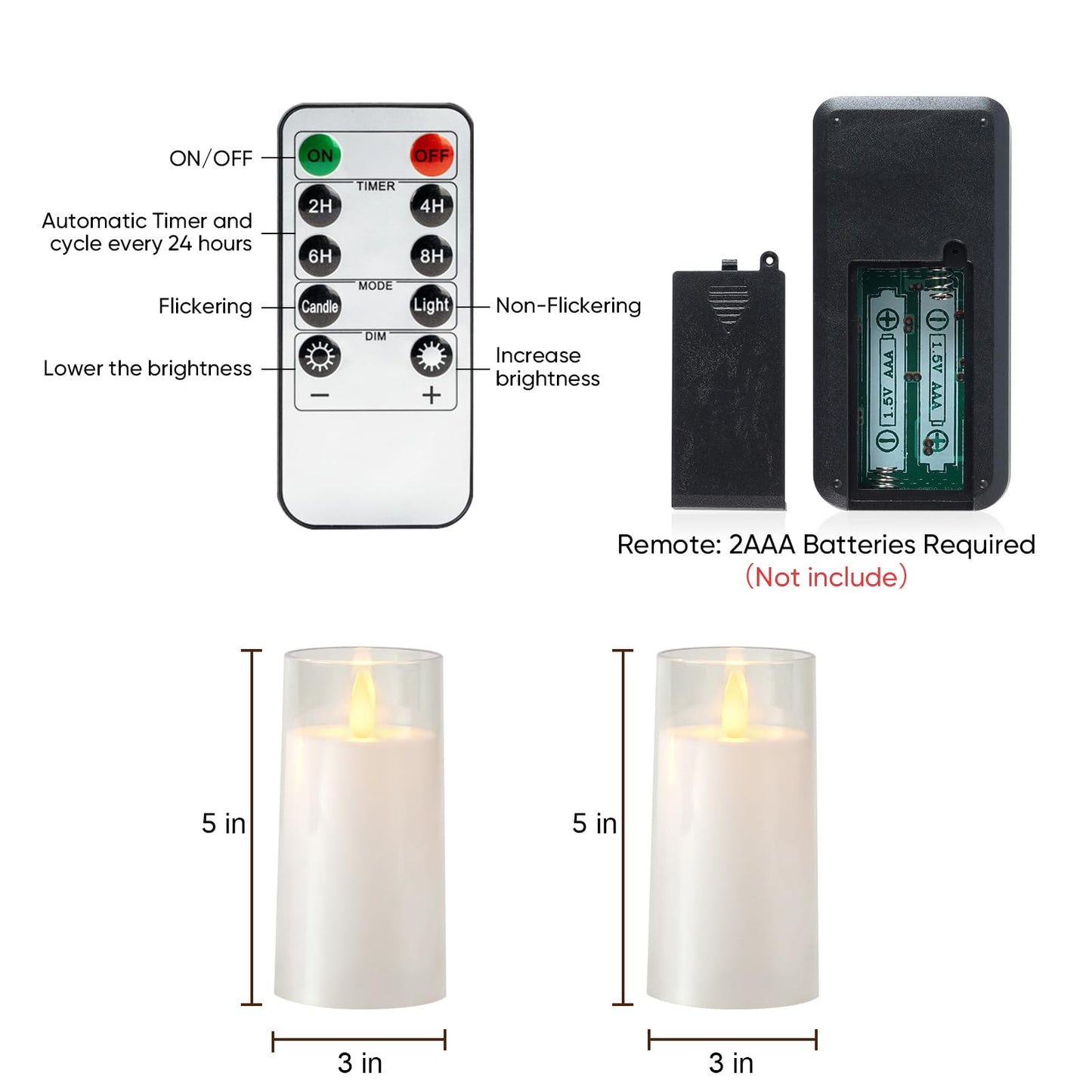 Amagic 3"×5" White Flameless Candles with Remote and Timer, Realistic Flickering Battery Operated Acrylic Led Fake Candles for Home Wedding Party Fall Christmas Decor, Set of 2