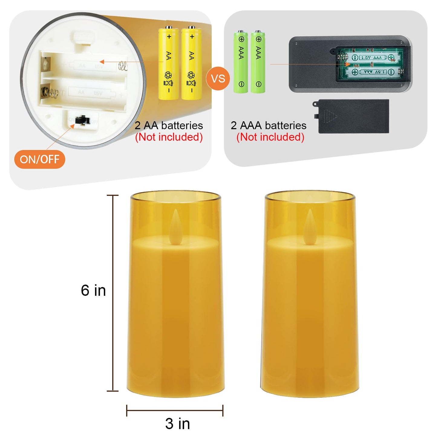 Homemory Realistic Flickering Flameless Candles, Battery Operated Candles, LED Fake Electric Candle with Remote Control and Timer for Home, Christmas Decoration, Gold, Set of 2 (H 6" 6")