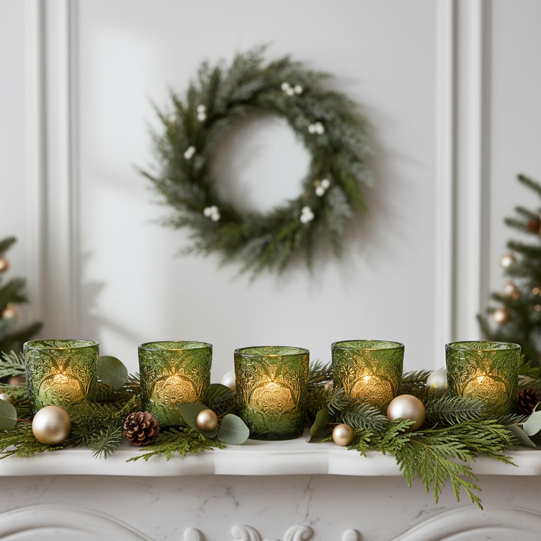 12 Pack Mandala Embossed Glass Candle Holders – Votive Tealight Holders with Patent Design, Decorative Embossed Glass Cups for Wedding Centerpieces, Parties, and Home Décor (Moss Green)