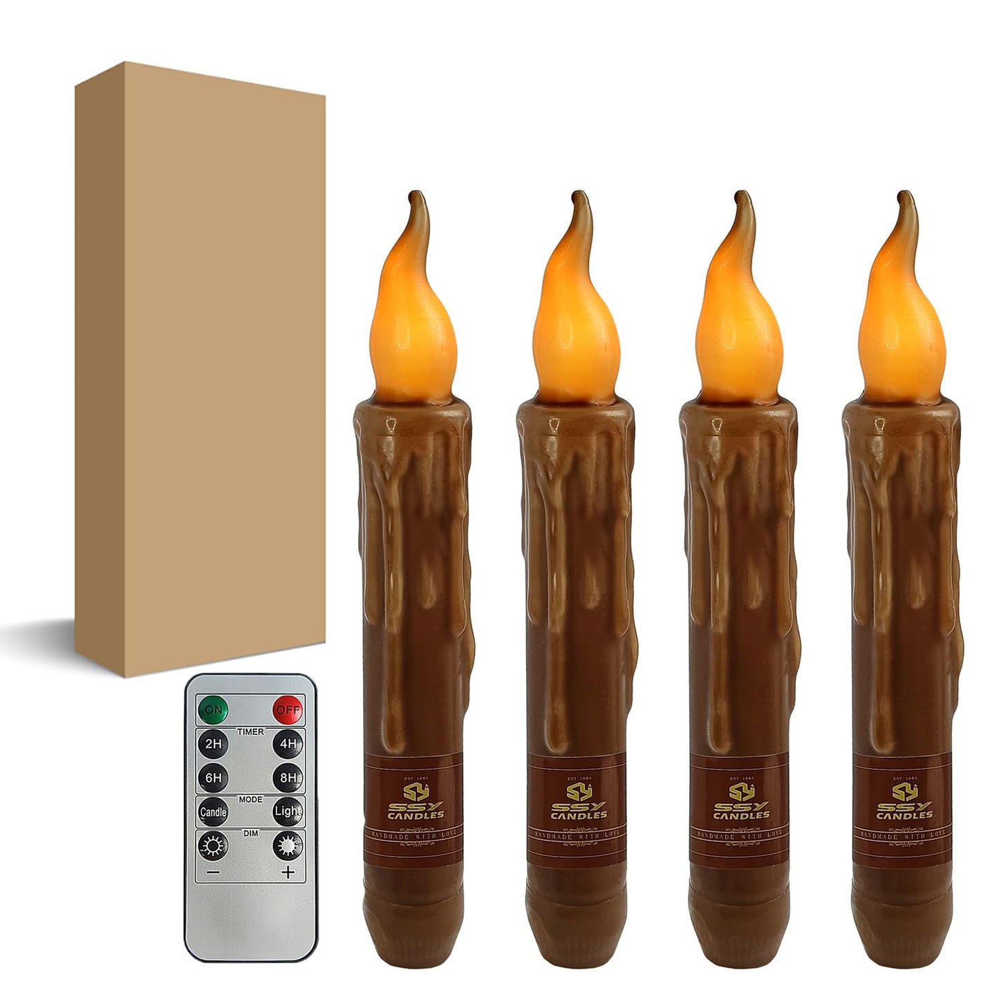 FCMSHAMD Brown Flameless Short Taper Candles, Real Wax Hand Dipped LED Battery Operated with Remote, Flickering Flame Lights for Festival Party Home Décor, 6.7 Inch Primitive Flameless Candles, 4PCS