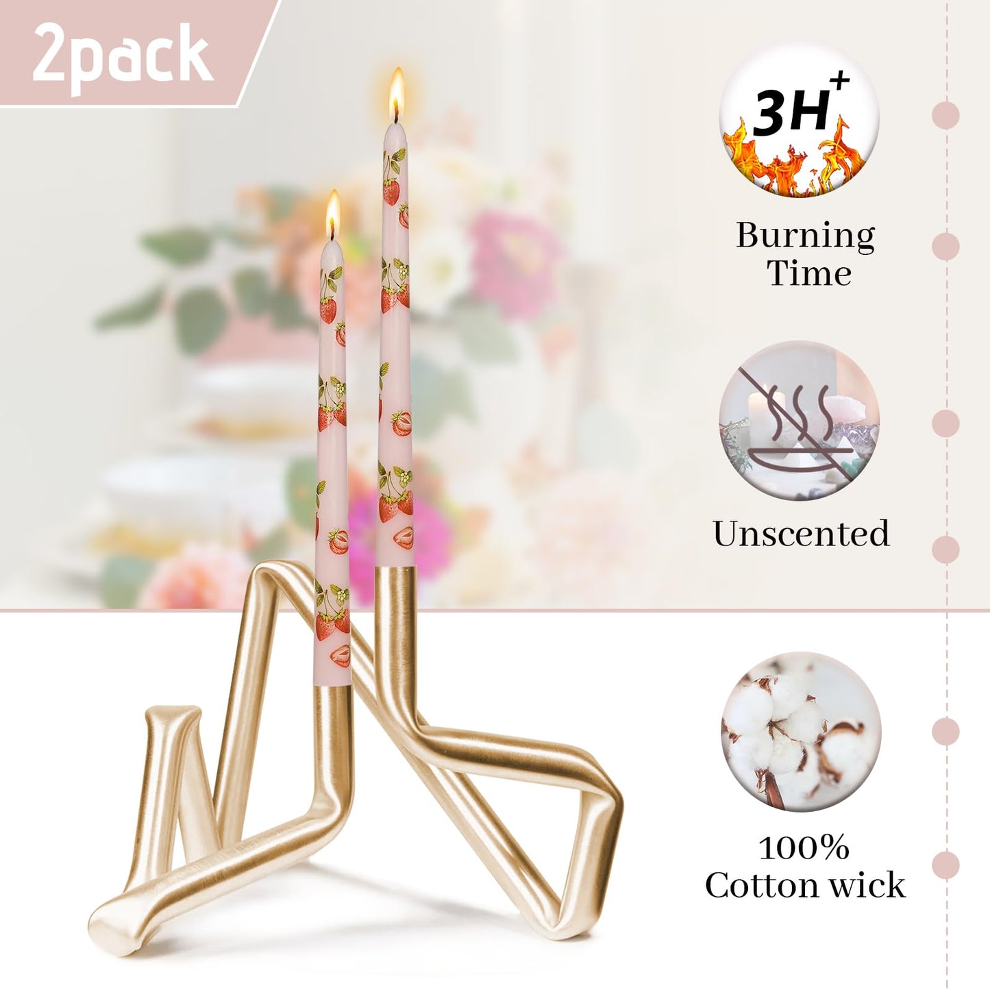 Baleagcdl Pink with Strawberry Prints Candlesticks Handmade Long Tapered Candles 10 Inch Drip Taper Candle for Wedding Home Holiday Decor Gifts - Set of 2