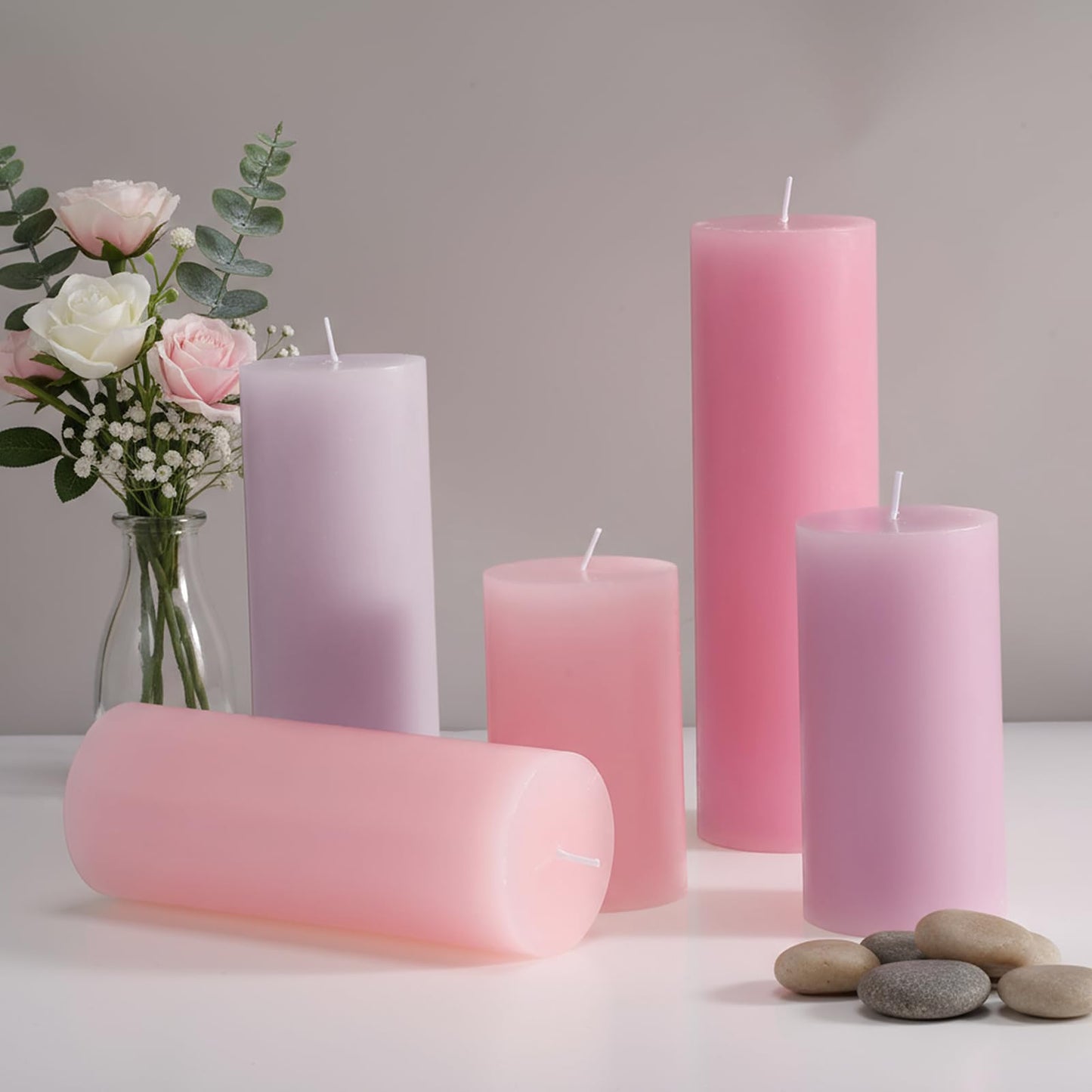 Shihanee 24 Pcs Pillar Candles 3 in x 3,4,5,6,8,10 Dripless Unscented Smokeless Candle Long Burning Decorative Rustic Candles with Cotton Wick for Wedding Home Fireplace (Pink Gradient)
