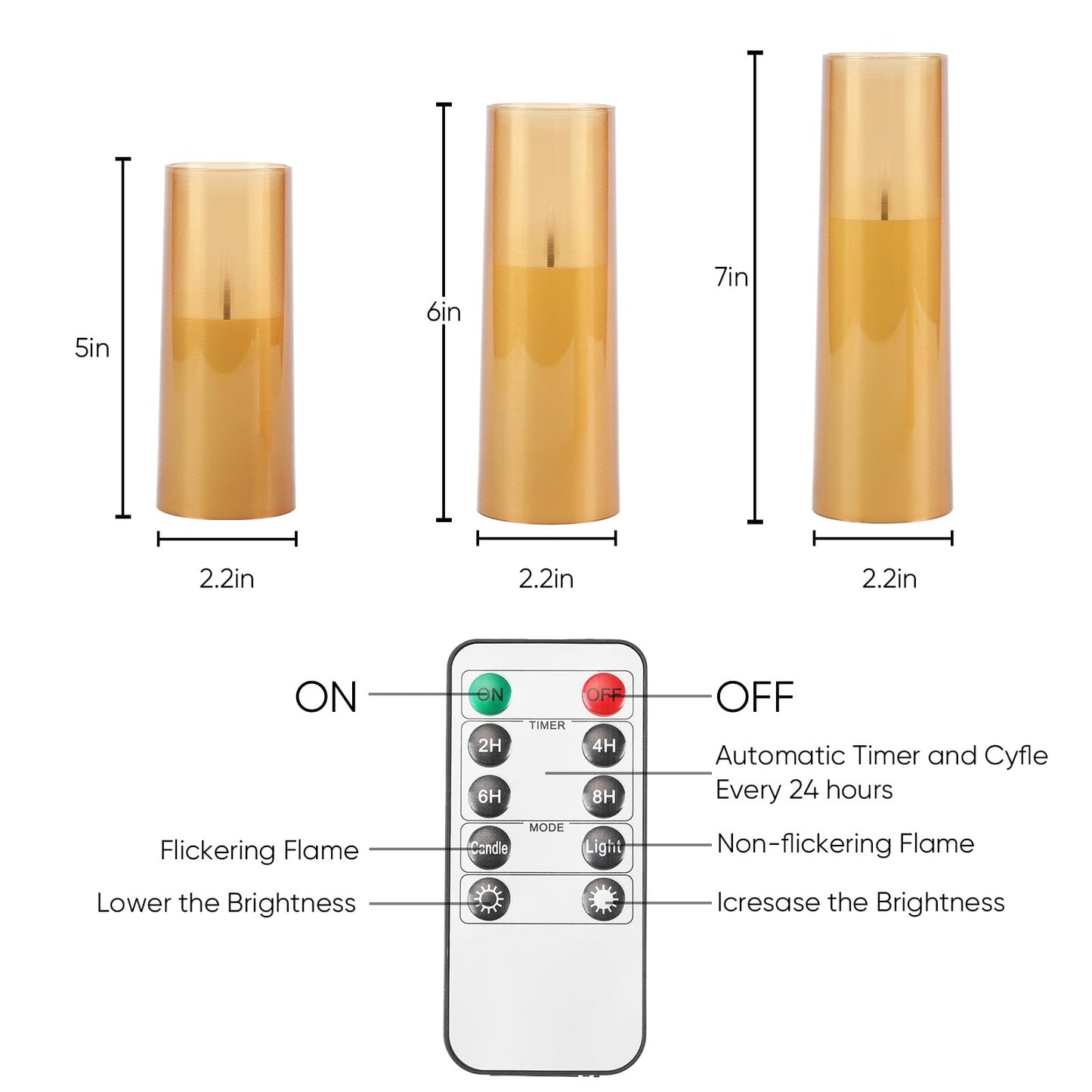 Homemory Amber Flameless Battery Operated LED Candles with Remote Control, Flickering Pillar Candles, 7-Piece Set for Multi-Use Decor, Timer Function Included