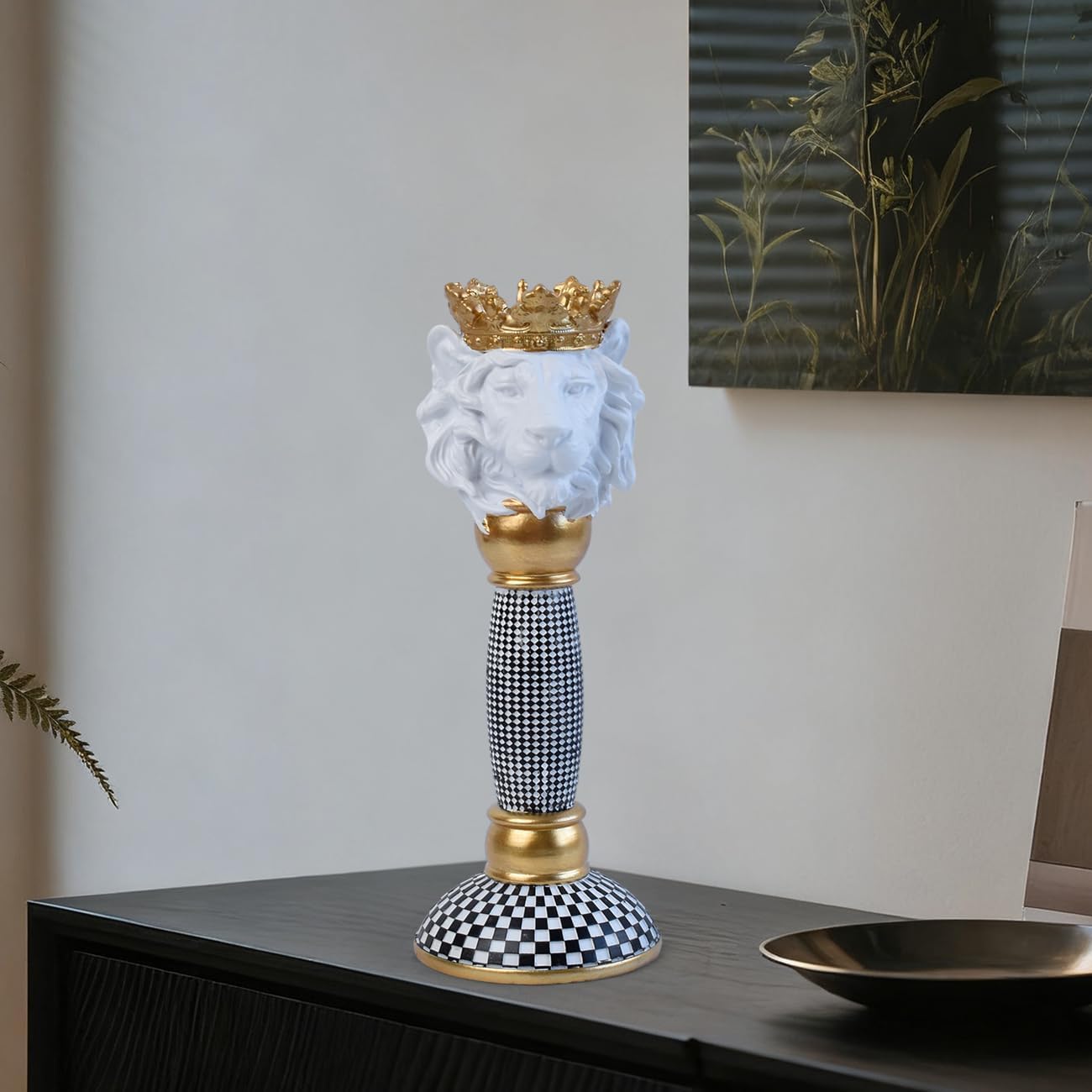 Crowned Animal Candlestick Holder Black & White Checkerboard Taper Candle Holder with Gold Accents Eclectic Resin Statue for Modern Home Decor, Table Centerpiece