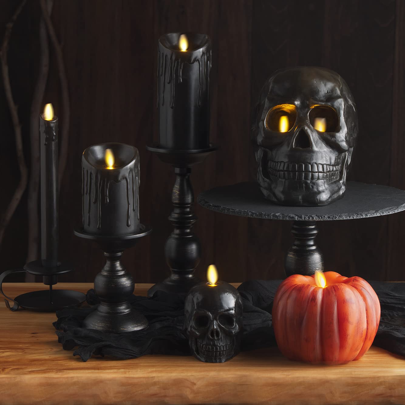 Luminara Flameless Single LED Moving Flame Small Skeleton Skull Figural (3.75" x 4.25") Real Wax LED Candle, Unscented, Timer - Black