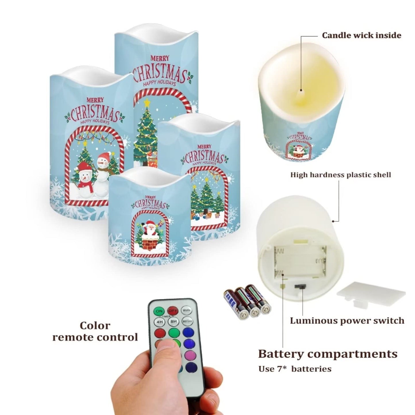Cozeyat Merry Christmas LED Candles 4 Packs,Flameless Electric Votive Tealights in Warm Yellow,Flickering Electric Candles with Remote Controled for Home Party Cocktail