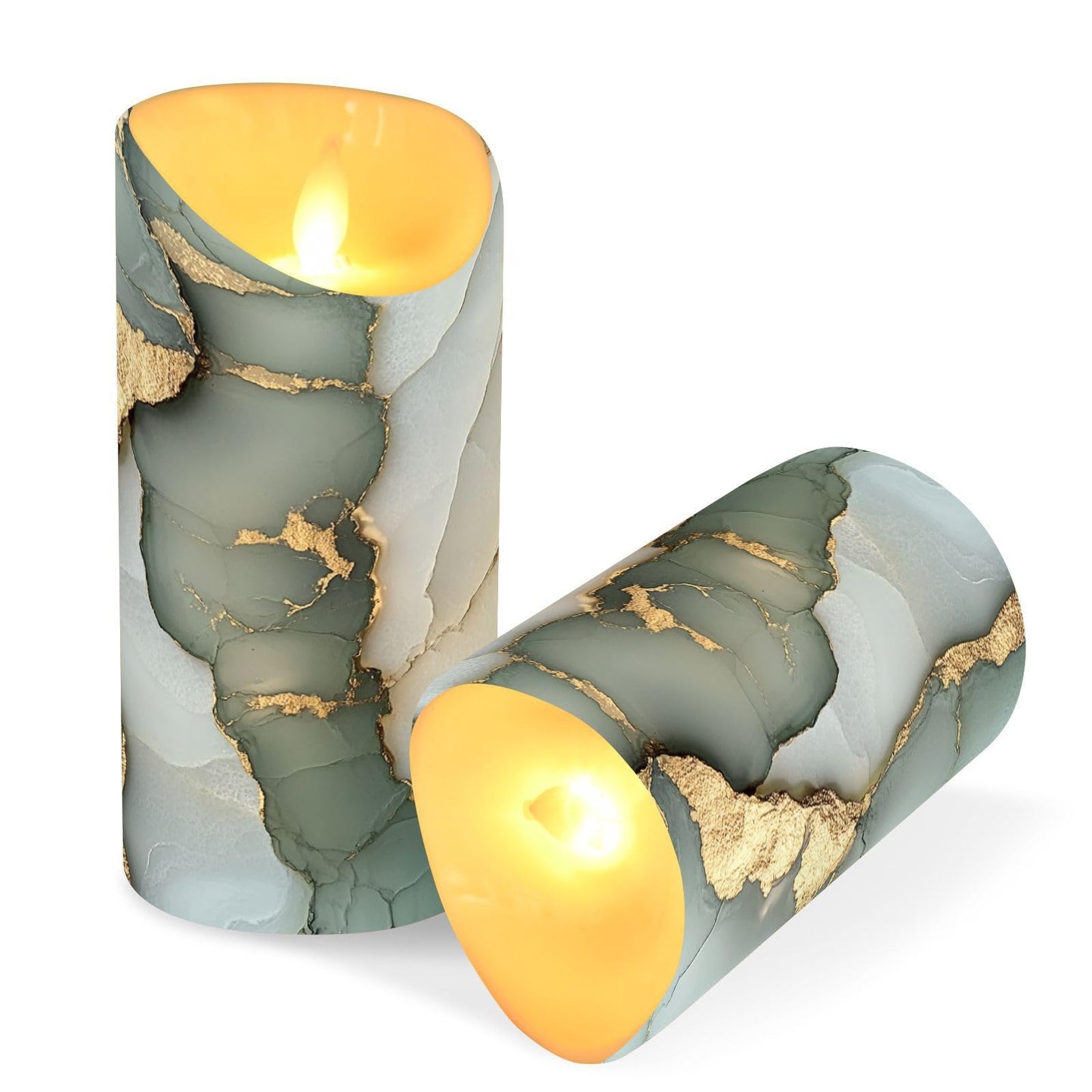 famyily Waterproof Outdoor LED Candles with Timer 2/4/6/8H Reusable Battery Operated Fake Candles for New Year’s Eve Party 5.9x3in - Marble Sage Green White