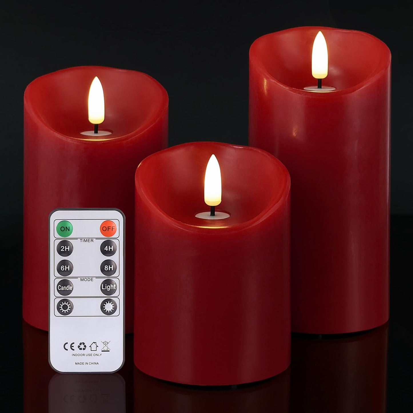 Battery Operated Candles, Real Wax Red LED Candle Flickering Flameless Candles with Remote, 3D Wick Fake Candles for Christmas, Thanksgiving, Home Decor, Party, Gifts, Set of 3, D3"x H4"/5"/6"