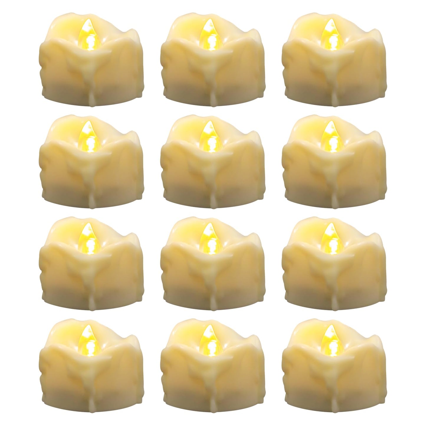 Windshell Warm White Flickering Flame Tea Lights with Auto 6H Timer (No Remote), Melting Design (Ivory Base), Battery Operated LED Flameless Tealight Candles for Wedding Party Christmas, 12 Pack