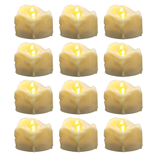 Windshell Warm White Flickering Flame Tea Lights with Auto 6H Timer (No Remote), Melting Design (Ivory Base), Battery Operated LED Flameless Tealight Candles for Wedding Party Christmas, 12 Pack