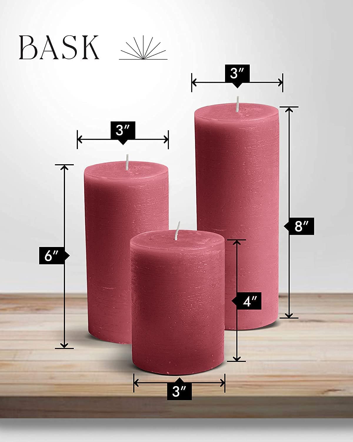 BASK Mottled Pillar Candles - Unscented Burgundy Candles Set of 3 - Dripless, Smokeless for All Occasions
