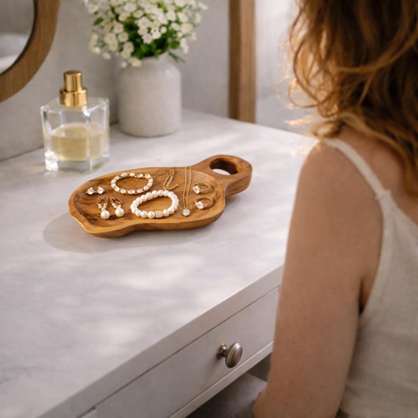 JOLLYMER Solid Teak Wood Decorative Candle Tray – 12.2" Handmade Wood Tray with Handle, Rustic Farmhouse Coffee Table Decor for Home Styling