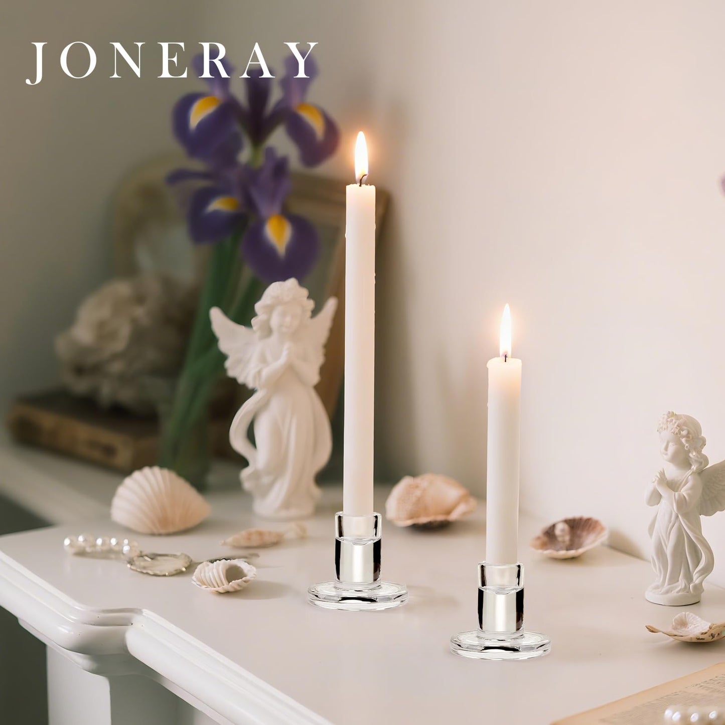 JONERAY 24-Pack Candlestick Holders Bulk - Thick Glass, Amber Taper Candle Holders for Wedding Banquet, Anniversaries