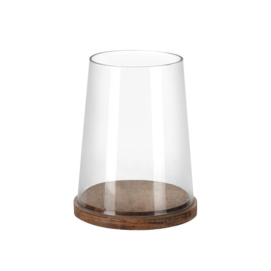 8" Wide Glass Hurricane Candle Holders with Handmade Sturdy Glass Sleeves and Vintage Natural Wood Base for Pillar Candle & Plants, Industrial, Farmhouse, Display Cloche Bell Jars, Table Centerpiece