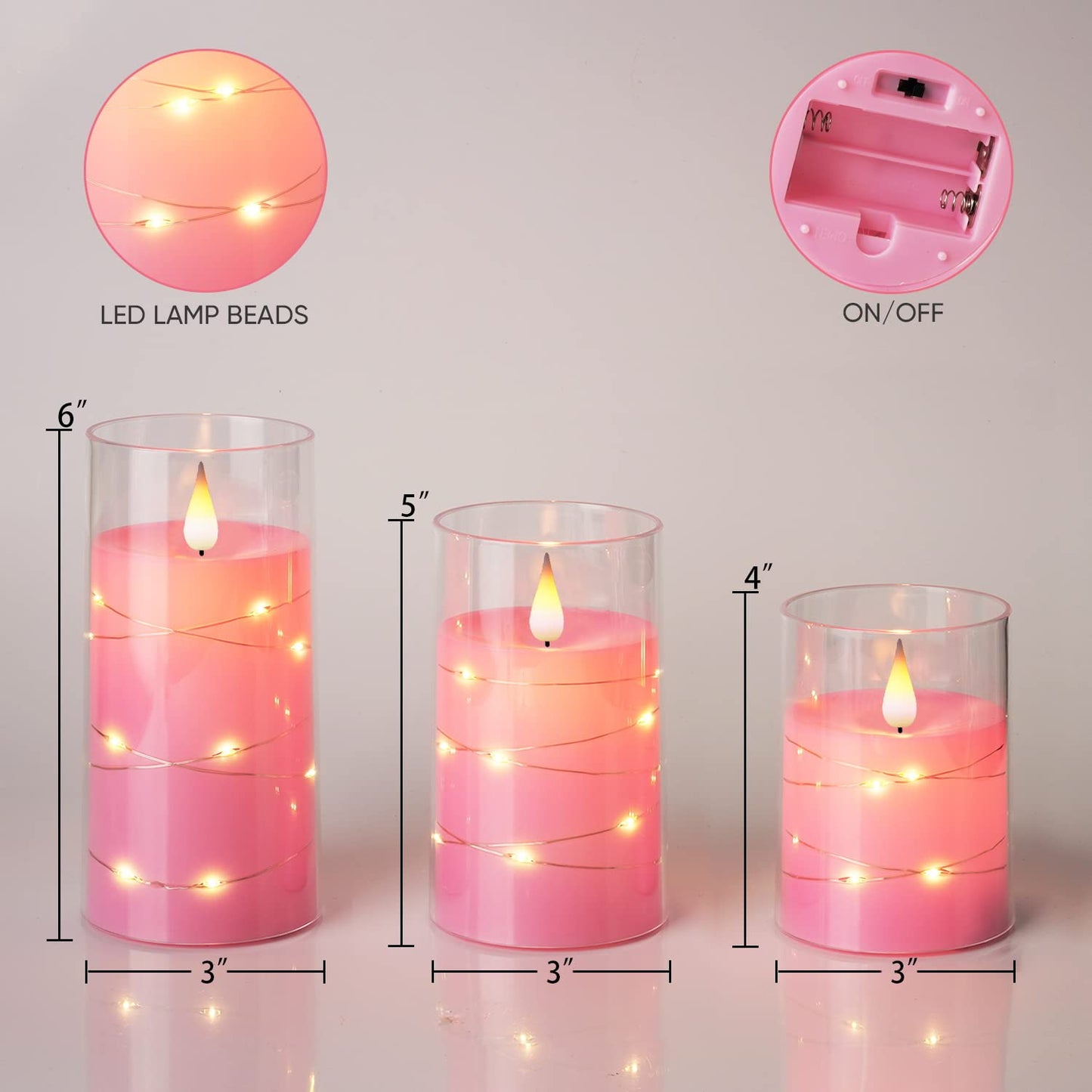 Homemory Flickering Flameless Candles with String Lights, Battery Operated Candles, Embedded String Lights LED Candles, Unbreakable Plexiglass Candle with Remote, Set of 3, Pink