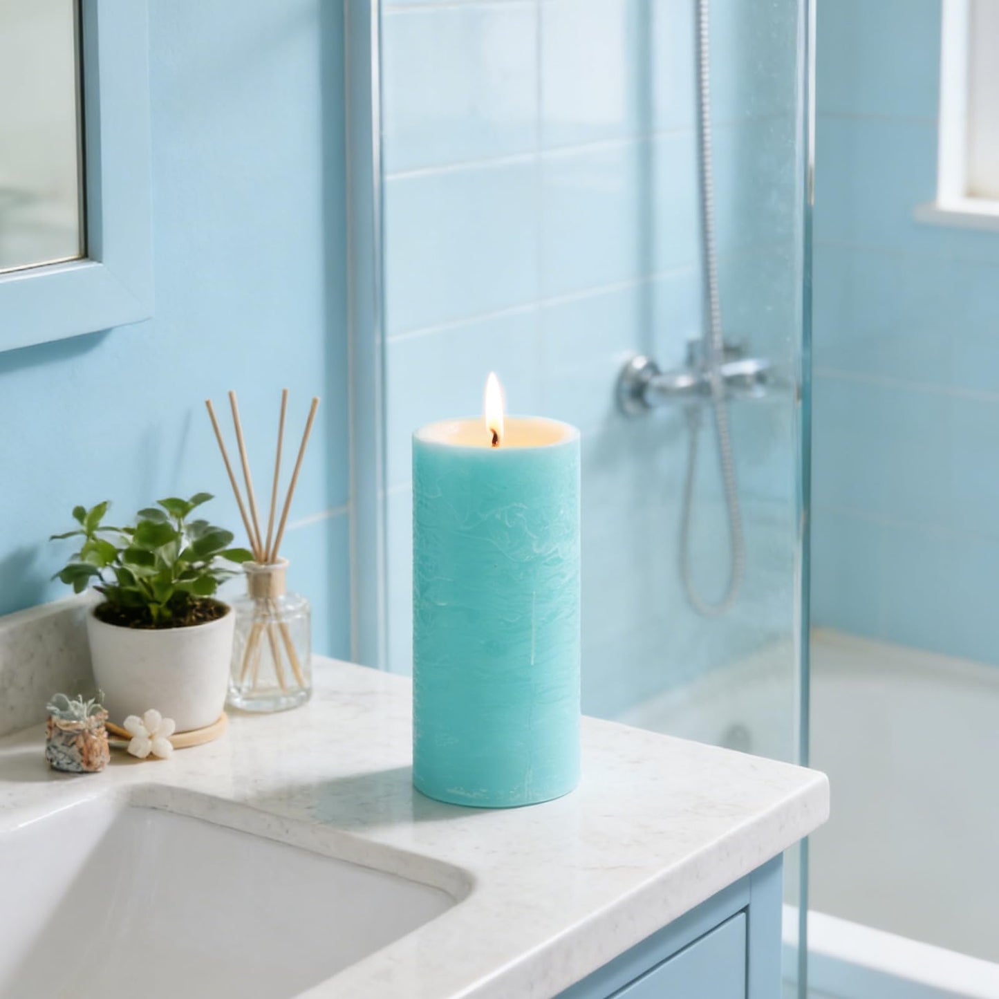 Ocean Breeze Scented Pillar Candle - 2.8x6 Inch, 75-Hour Burn, Textured Blue Coastal Candle with Sea Salt & Driftwood Fragrance, Luxury Air Freshening Aromatherapy Pillar for Home Relaxation