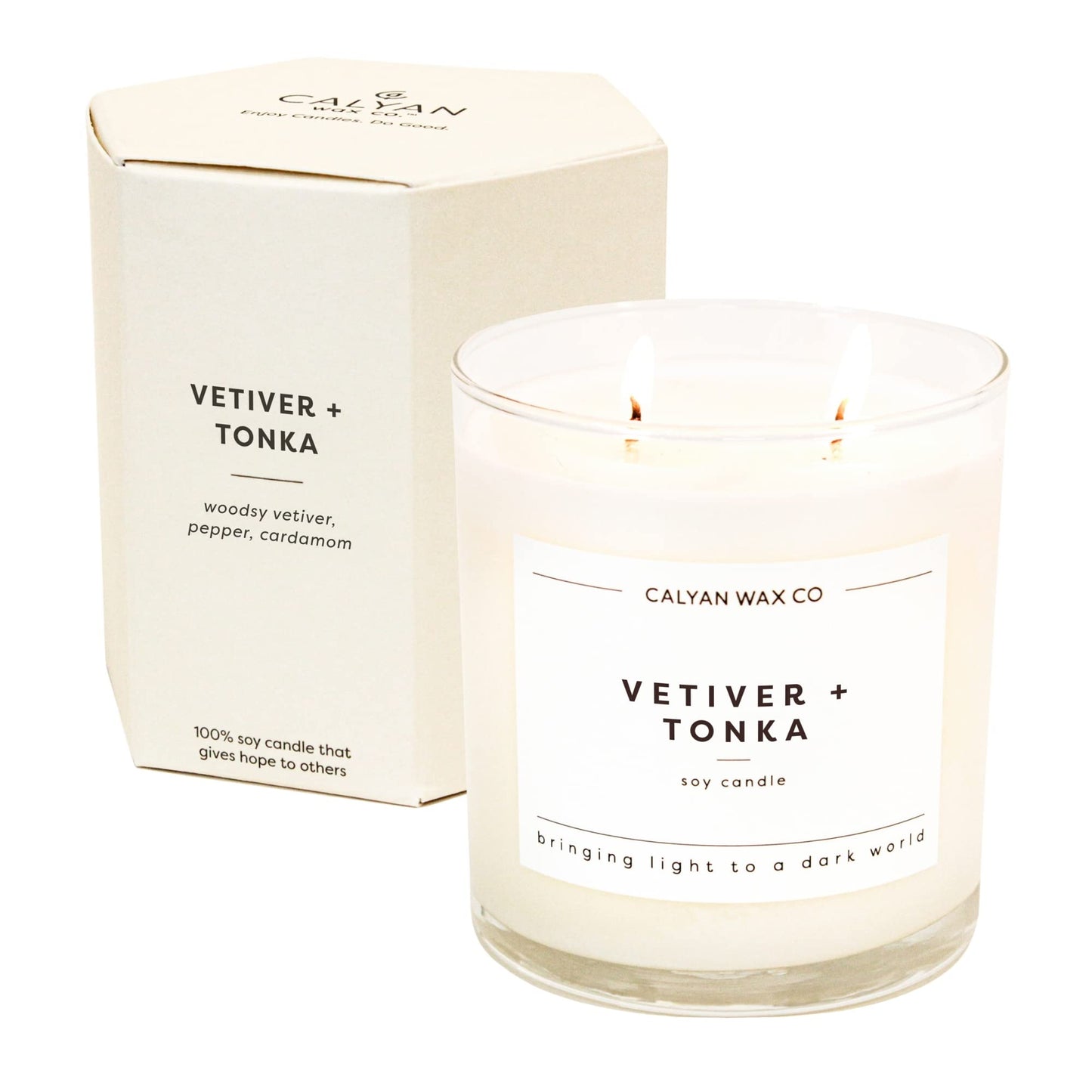 Calyan Wax Co. Vetiver & Tonka 2 Wick Scented Candle - 37 Hour Burn - Luxury Clean Soy Wax Candles - Long Lasting Large Glass Jar Candle for Home - 8.8oz