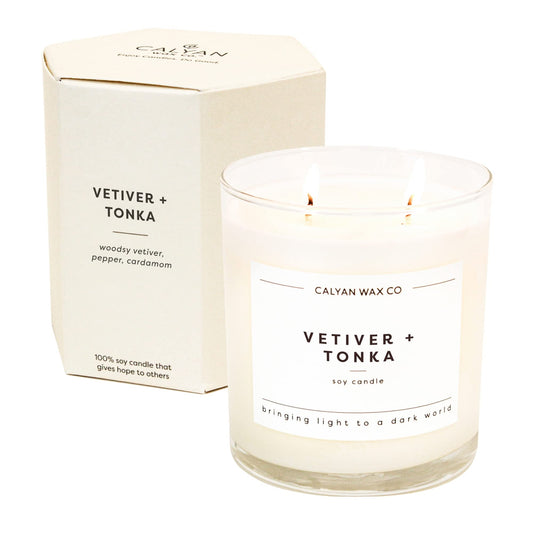 Calyan Wax Co. Vetiver & Tonka 2 Wick Scented Candle - 37 Hour Burn - Luxury Clean Soy Wax Candles - Long Lasting Large Glass Jar Candle for Home - 8.8oz