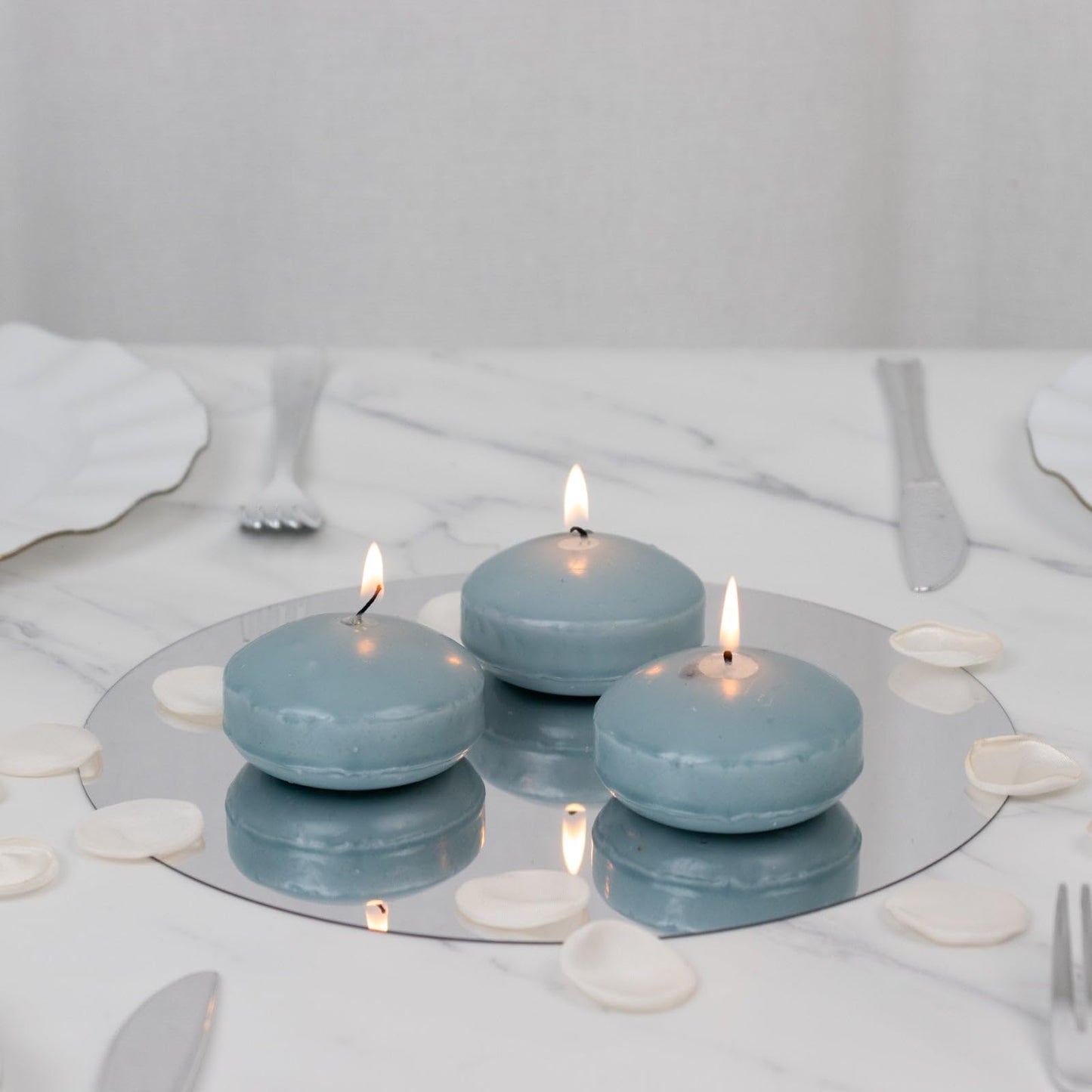 Efavormart 12 Pack 3" Dusty Blue Unscented Floating Candles, Long Burn Dripless Wax Discs with Cotton Wick for Cylinder Vases and Wedding Centerpieces