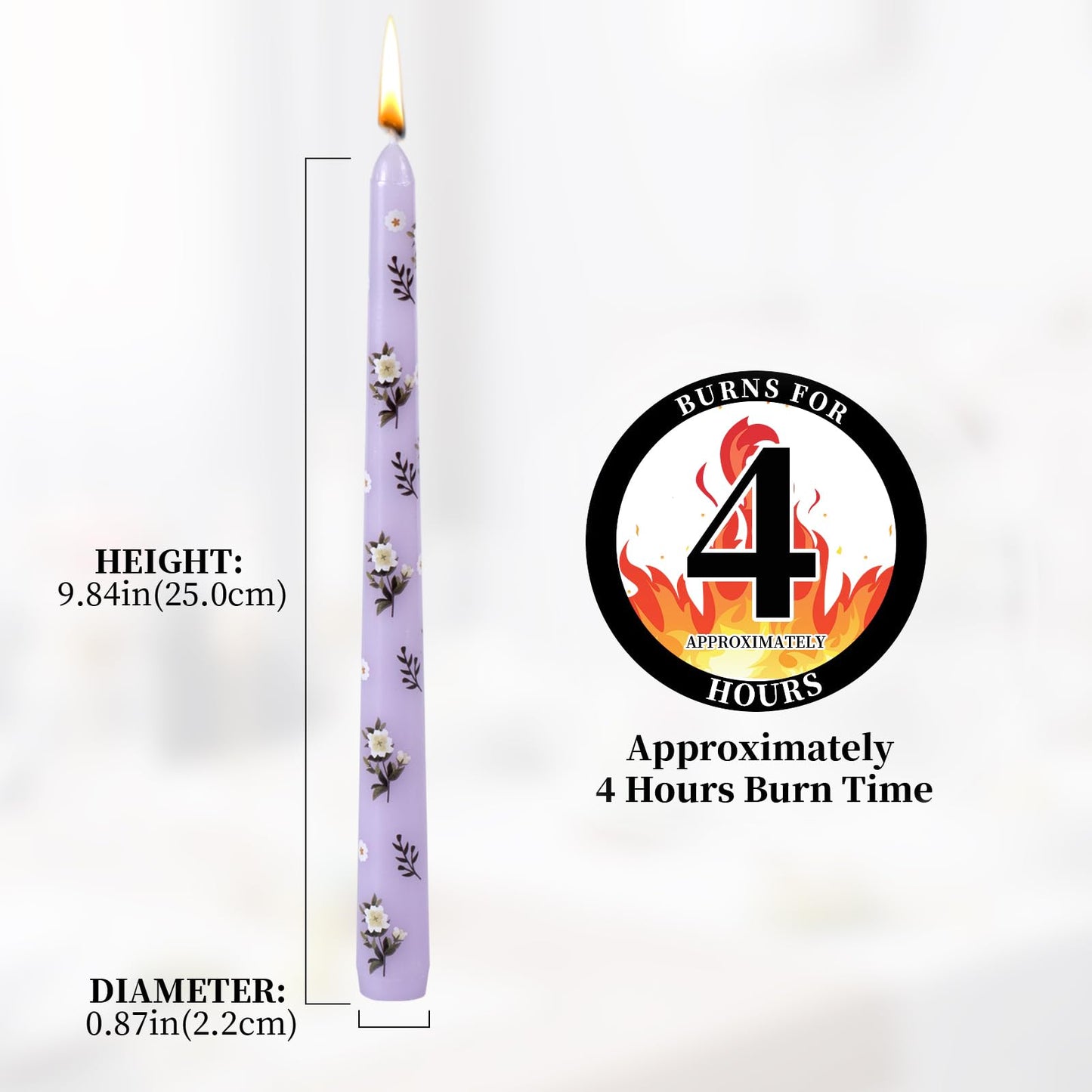Taper Candles,10 inch 2pc Purple Tapered Candles with Camellia Printed, Unscented and Smokeless Long Burning Candles,Tall Candlesticks with Cotton Wicks,Ideal for Weddings, Home Décor