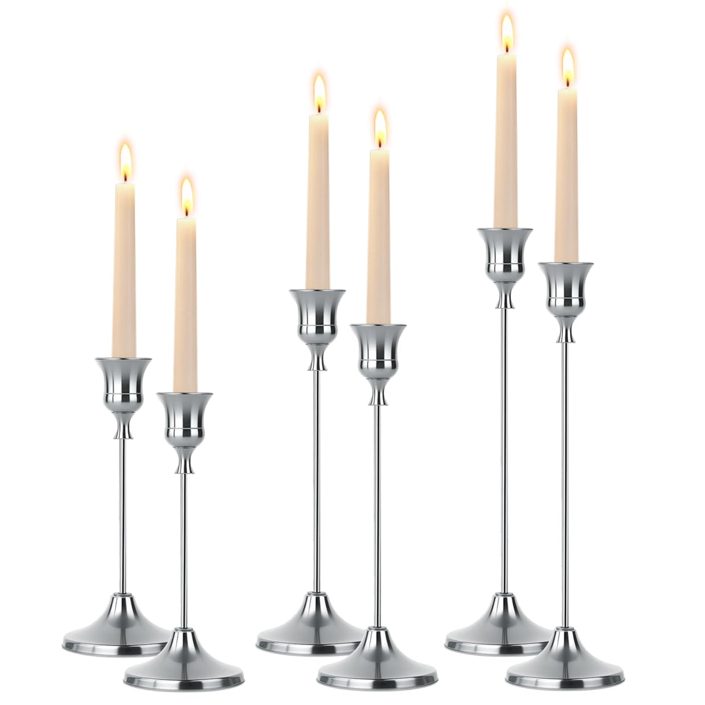 Oakernel Silver Taper Candle Holders 2 Sets(6 Pcs) - Tall Metal Candlestick Holders for Table Centerpiece, Formal Dinner, Wedding, Fireplace Mantel Decor, Fits 3/4 Inch Thick Candles