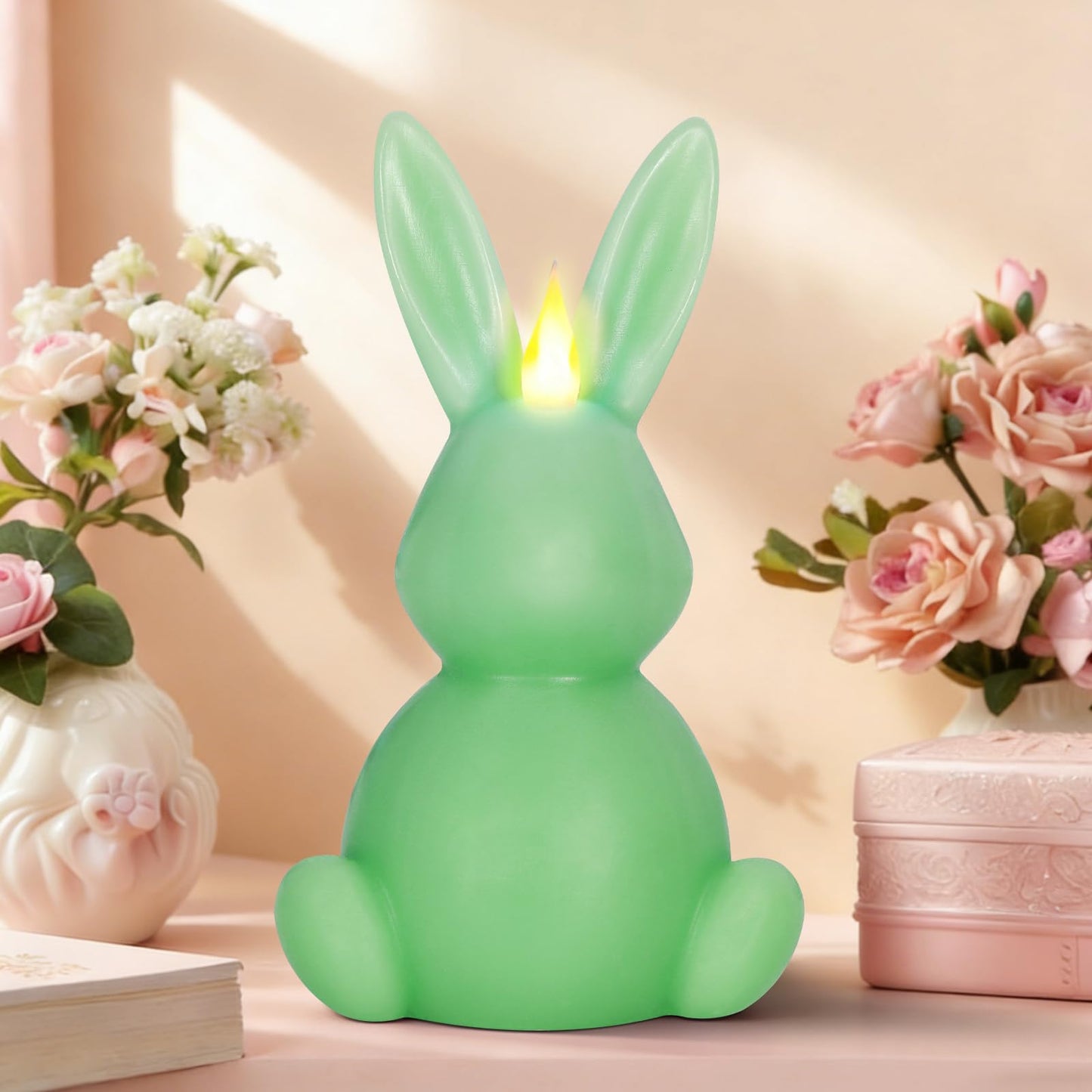 Leorate Green Easter Bunny Flameless Candle,Real Wax Carved LED Candle,Scented Bunny Shape Flame Candle Set for Home Living Room Bedroom Party Decoration Centerpiece Table Home Decor