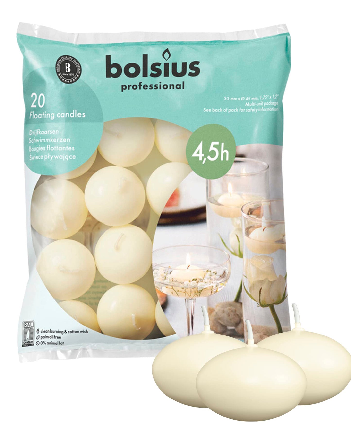 BOLSIUS Unscented Floating Candles - Pure Rich Creamy Ivory, 20 Set - Smokeless, European Quality - Imbue Breathtaking Ambiance for Romantic Wedding Centerpieces, Decorations, Events, Holiday Parties