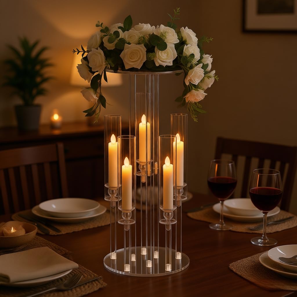 Fullvaseer 4PCS 5 Arm Candelabra,Clear Centerpiece for Table,Acrylic Centerpiece Stand for Wedding Reception,Acrylic Candle Holder for Event Celebration Wedding Birthday Home Christmas