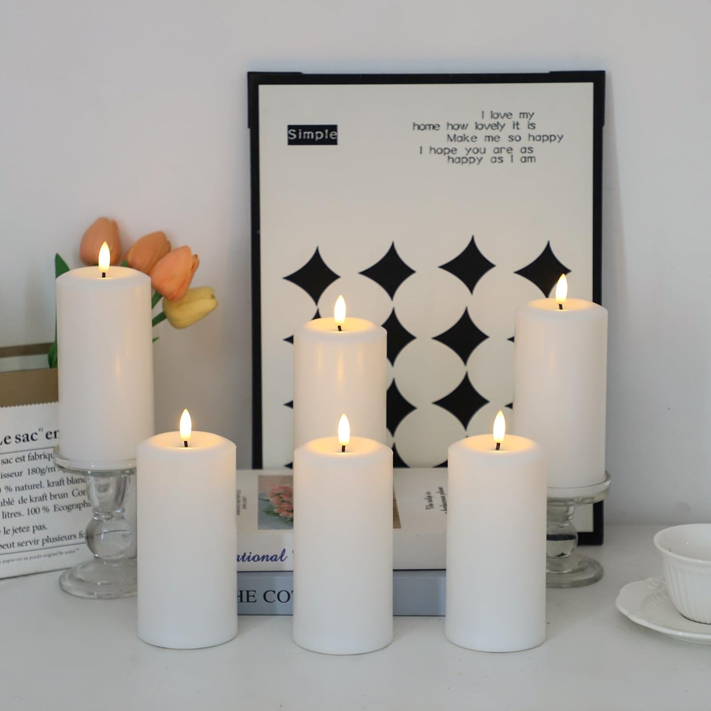 Hinabichan Flameless Candles Battery Operated with Remote and 2/4/6/8 H Timer, 6pcs Flickering Fake Electric Candles for Festival Wedding Home Party Decor (D3 x H 6") (White)