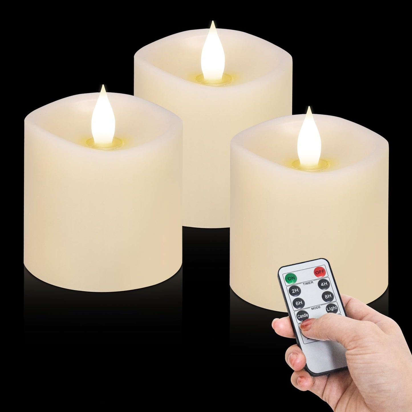 milysoek 3x3 Flickering Flameless Candles Set of 3, Real Wax LED Battery Candles Flickering, 3 inch Flameless Candles with Remote,Battery Powered Candles, for Party/Wedding,Ivory