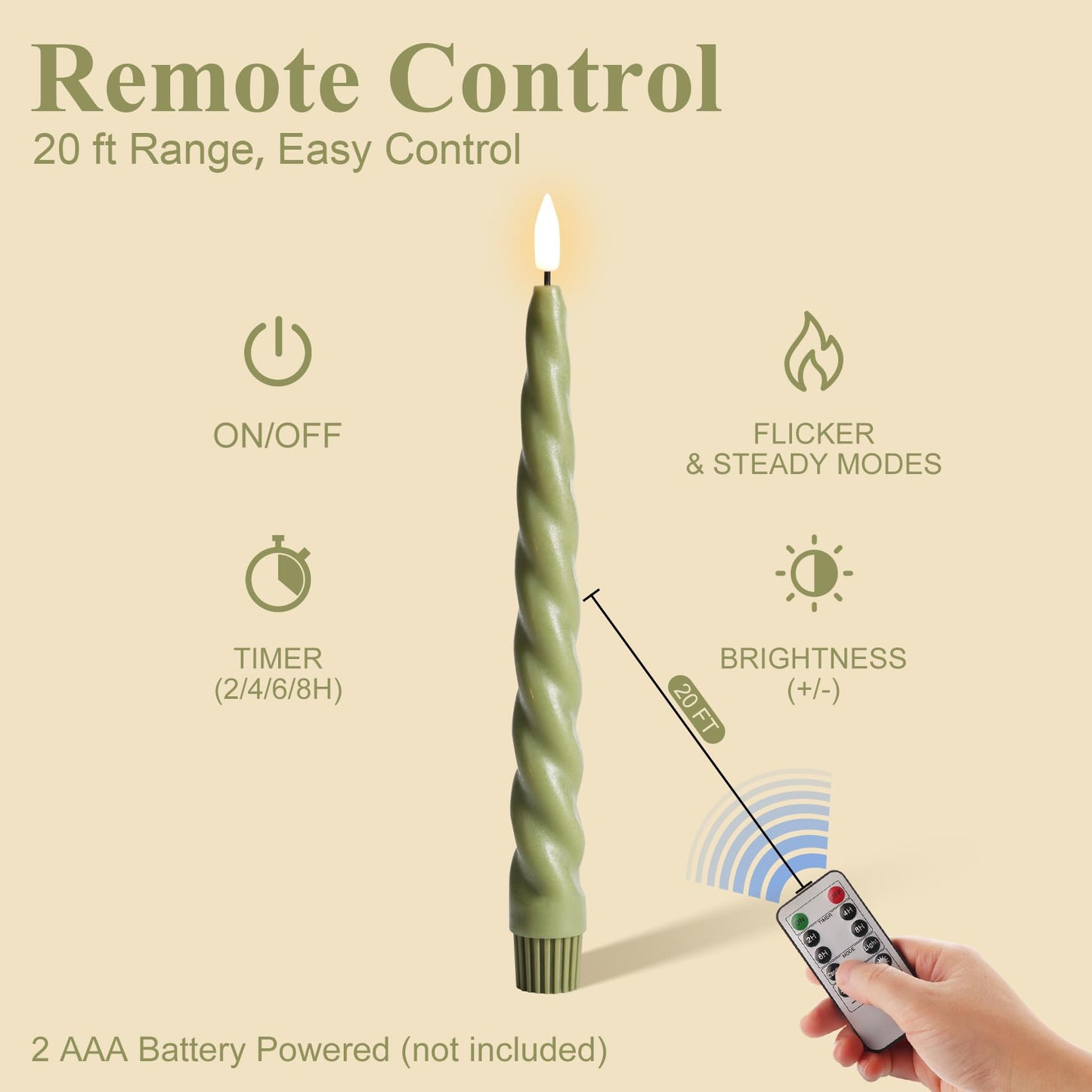 Girimax Sage Green Flameless Taper Candles with Remote, Flickering Spiral Battery LED Candlesticks Home Decor Set of 6