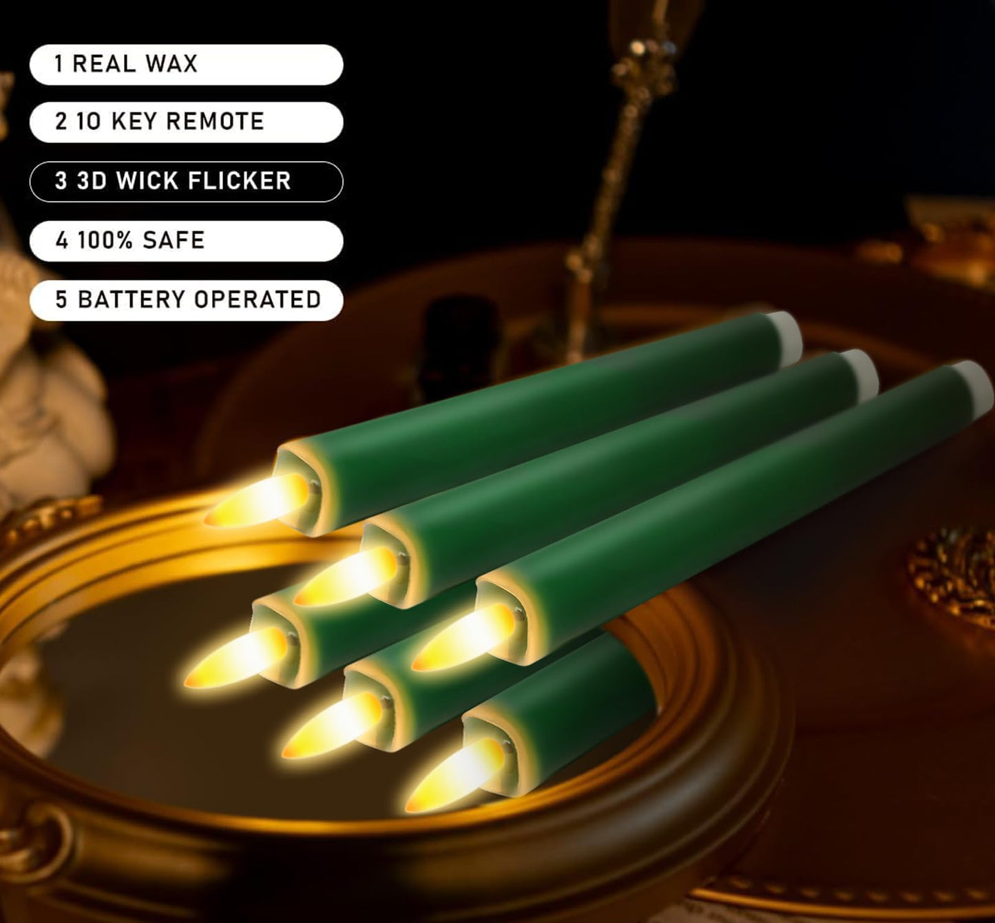 Upgraded Real Wax LED Flameless Green Taper Candles with Remote, KSWING 6 PCS Candlesticks Battery Operated 3D Flickering - 9.6" Long Realistic Fake Candle Sticks for Home/Wedding/Fireplace Xmas Decor