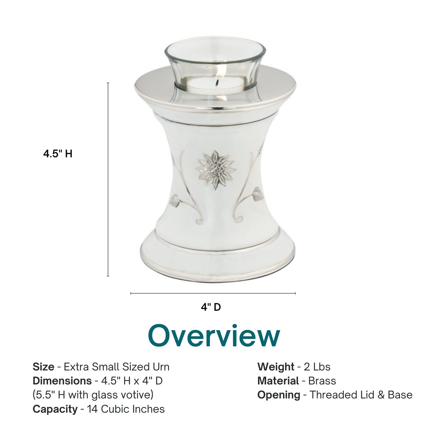 Grace White Tealight Cremation Urn for Ashes, Brass Memorial Candle, White and Silver, Extra Small Sized Cremation Urn, 5.5 Inches High