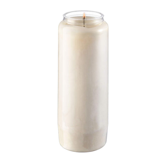 Tribello 9 Day Candle, 1 Pack - 7' White Pillar Candles for Memorial, Prayer, Party Decor, and Emergency Use - Unscented Slow Burning 100% Vegetable Wax in Plastic Jar Container