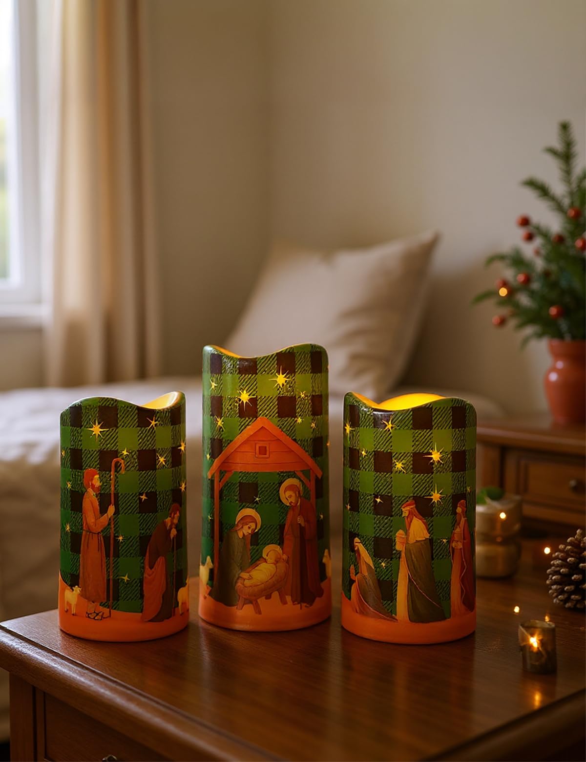 Glflickerow 3Pcs Christmas Green and Black Nativity Scene Flameless Candles LED Pillar Jesus Religion Candle Battery Operated with Timer for Xmas Christian Holiday Table Home Decor Church Party