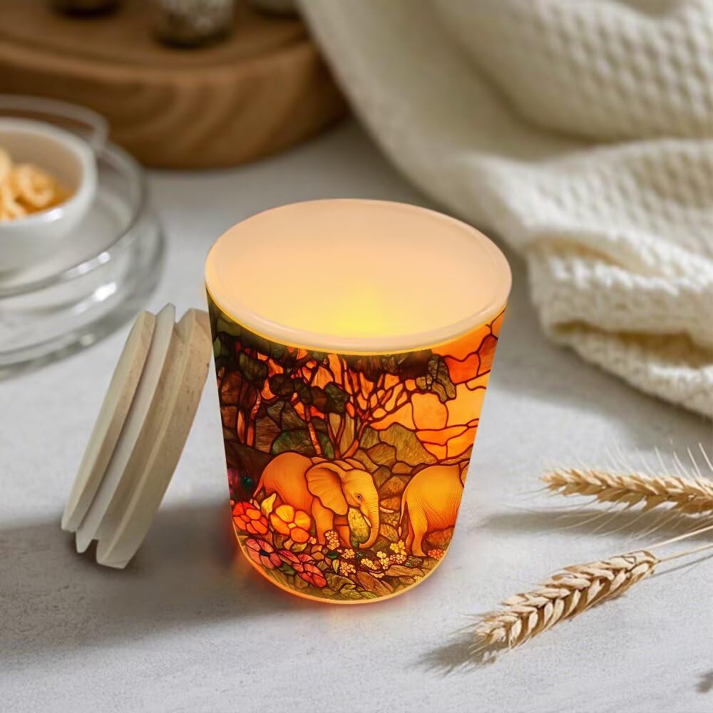 Stained Glass Elephants Tea Light Candle Holders, Forest Rivers Tealight Candle Holder Jar with Wooden Lid, Votive Candlesticks for Table Centerpieces, Christmas,Birthday Party,Home Decor